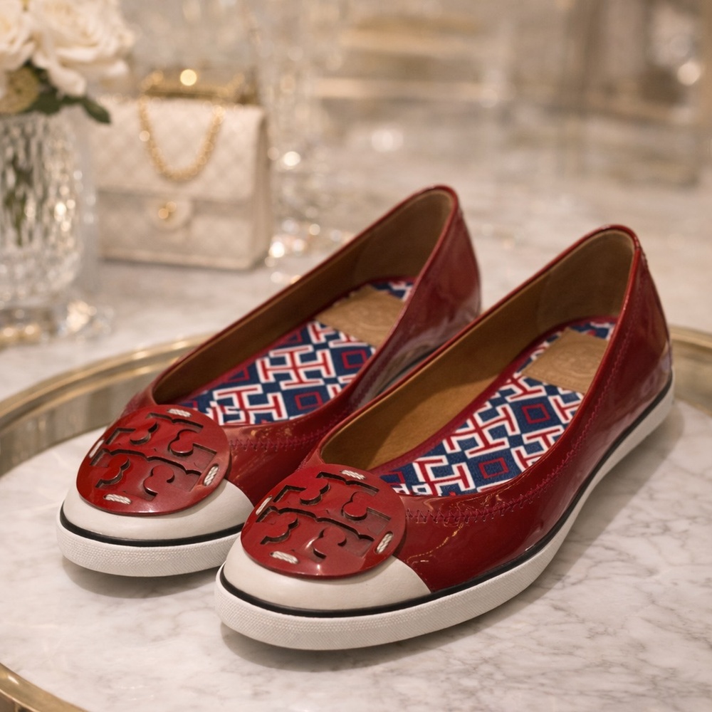 Tory Burch Channing Red Patent Leather Canvas Flats Size 7
